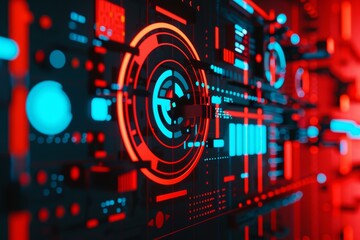 Fototapeta premium Futuristic digital interface with red and blue holographic elements, resembling a high-tech control panel or data visualization screen