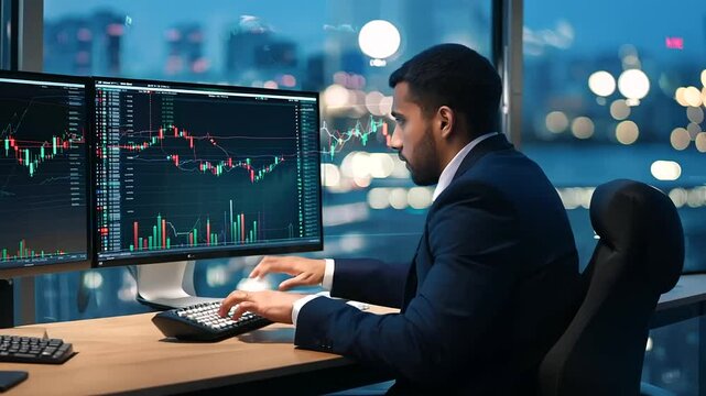 Hedge fund trader analyzing real-time market data on a multi-monitor setup in a downtown office at night.