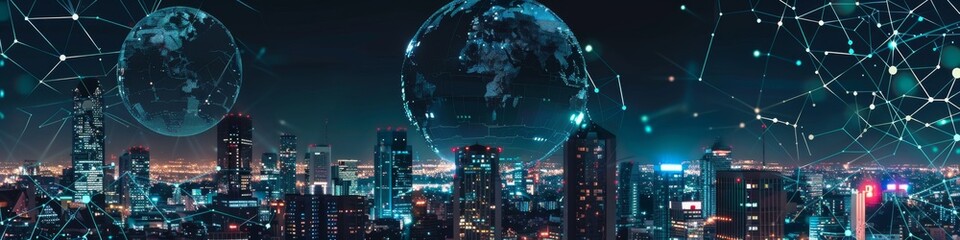 Fototapeta premium Abstract Smart Digital Cityscape: Futuristic Interconnected Metropolis with Wireless Networks and Data Skyscrapers. Intelligent Urban Landscape Illustrating Next-Generation Technology, IoT Connectivit