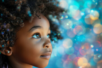Fototapeta premium Portrait of curly haired black child with captivating blue green eyes, against colorful bokeh background, little black girl with introspective gaze