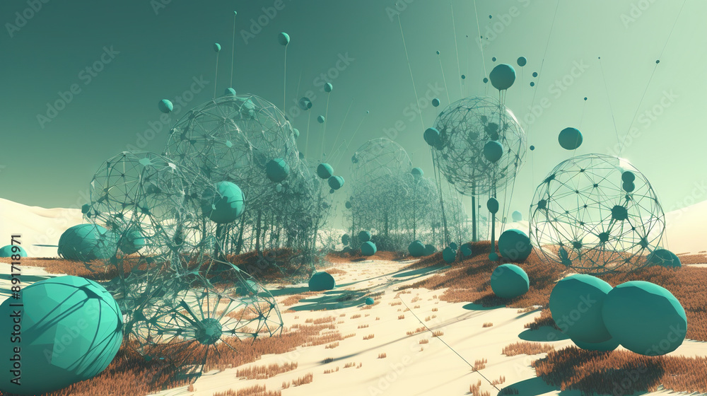 Aufkleber Abstract scfi-fi landscape with connected 3D balls and molecular grid structure. Futuristic surreal abstraction.