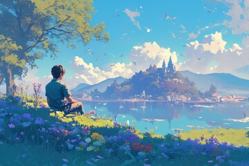 A digital anime-style art painting of a man sitting with flowers in front of a beautiful lake.






