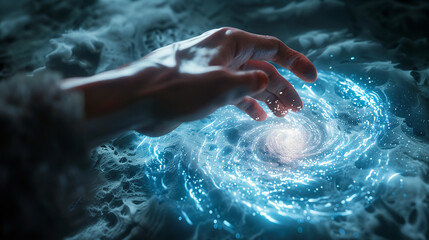 Fototapeta premium A hand reaches out towards a glowing spiral of light, it is vibrant blue, emanating a bright glow