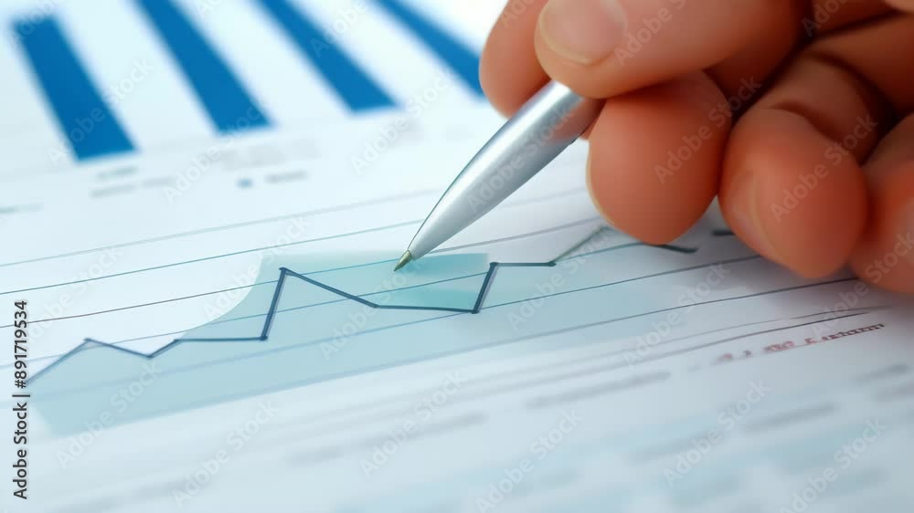 Poster close-up of a hand holding a pen analyzing financial charts and graphs on paper. concept of financia