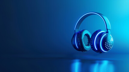 The concept of call center customer service involves an agent talking on a microphone headset, offering advice and support services using smart devices against a blue office background