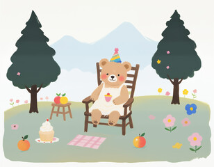 Obraz premium Happyday)bear birthday party in forest setting Fairytale watercolour-style illustrations