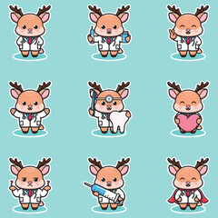 Vector illustration of Cute Character Cartoon of Deer Doctor. Deer character different poses illustration. Flat Cartoon Style. Animal Health Concept. 