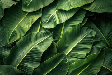 Obraz premium Close-up of lush green banana leaves with intricate textures, filling the entire frame.