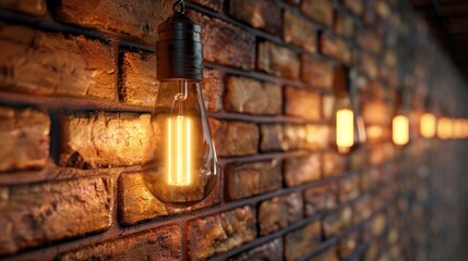 Rustic brick wall illuminated by retro Edison bulb lamps, Cyberpunk, Neon accents, Digital art, Futuristic twist