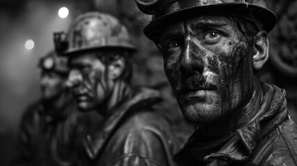 Naklejka premium Coal miners, their faces and clothing covered in black soot, emerge from a dark mine shaft