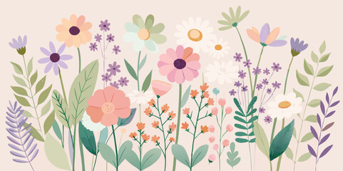 Whimsical Watercolor Wildflowers Illustration in Trendy Nursery Color Palette
