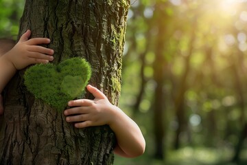 Child's hands hugging tree with green heart in forest
