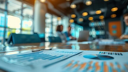 A close-up shot of a business meeting, with a blurred background and a focus on a document displaying financial graphs.