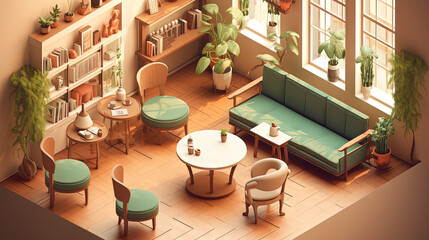 Fototapeta premium Vibrant lounge room with modern furniture, bookshelves and greenery. Isometric living room interior.