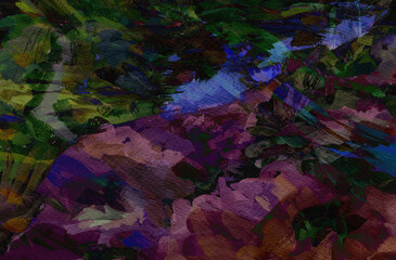 Painting of green, purple and pink flowers in a garden at night