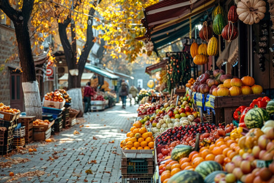 A fall market with stalls displaying colorful fall produce such as pumpkins, squash, and apples. Background of a charming town square with autumn decorations.