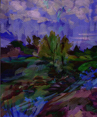 Painting of green, purple and pink flowers in a garden at night