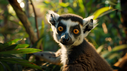  cute lemur in the jungle, documentary photography in the style of national geographic, close up shot of face, beautiful light and shadow, background blur