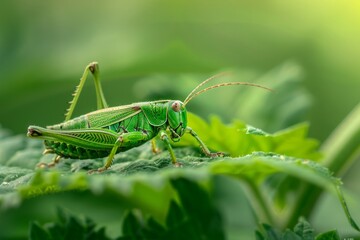 Fototapeta premium Close-up of a green grasshopper on a leaf, showcasing intricate details and natural camouflage.