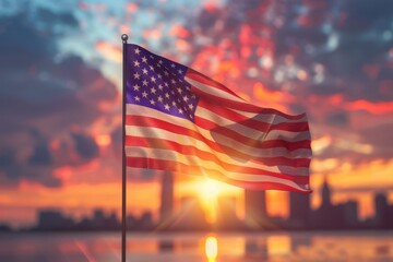 The American flag flutters high above the city as the sun sets in the background.