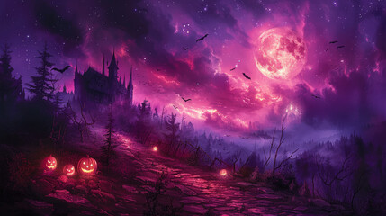 Obraz premium Haunted Halloween Night Scene With Spooky Pathway and Glowing Moon