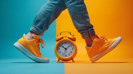 Yellow Alarm Clock With Legs Running on Pavement