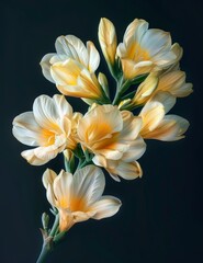 White and yellow color theme freesia flowers, black background