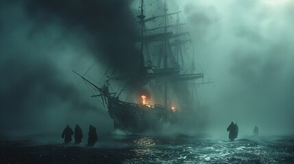 Spooky haunted ship with ghostly figures