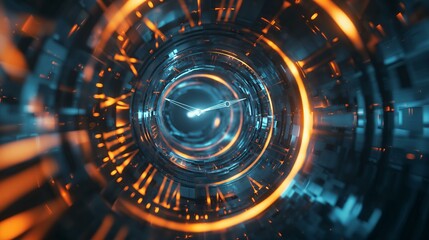 Obraz premium Futuristic Clock Traveling Through Time In Digital Space
