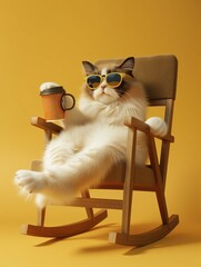 Obraz premium A relaxed cat wearing sunglasses and holding a mug, portraying a cool and laid-back vibe in a whimsical setting.