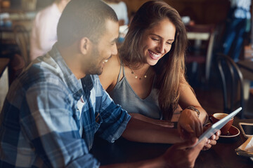 Couple, tablet and happy date in restaurant browsing, hospitality and customer with online survey. People, relationship and together on cafe website, social media and love for brunch blog on app