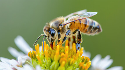 Fototapeta premium Closeup of a bee pollinating a flower, symbolizing ecological importance