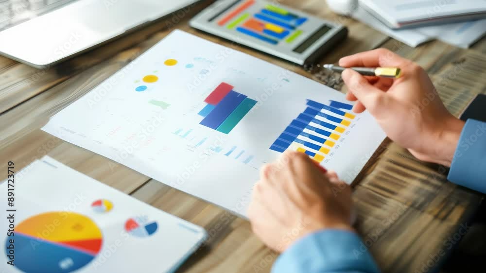 Poster Close-up of hands analyzing financial charts and graphs on a wooden desk with a calculator. Concept of financial analysis, business strategy, and data-driven decision making 