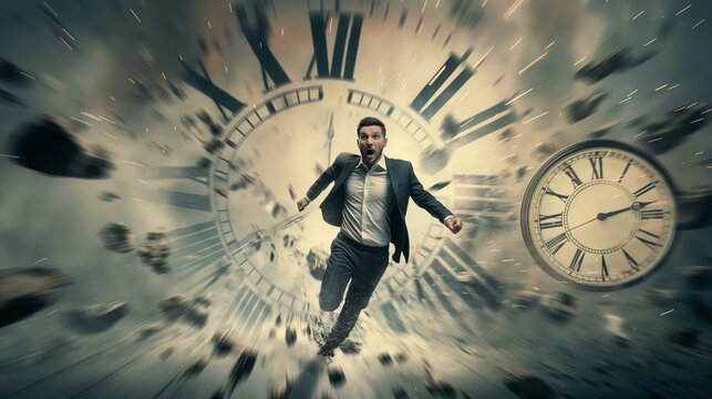 Businessman Running Out of Time Amidst Clock Fragments