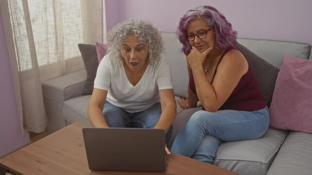 Elderly women with curly and purple hair sit together on a grey sofa in a cozy living room, attentively looking at a laptop screen on the wooden table before exchanging a high-five