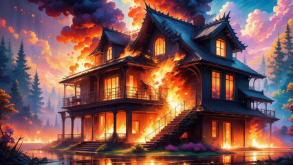 Obraz premium A burning house. Watch out for the fire. 