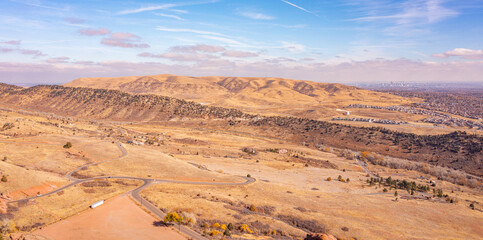 Mountain views from Red Rocks Amphitheatre Colorado with downtown Denver in the distance, 
