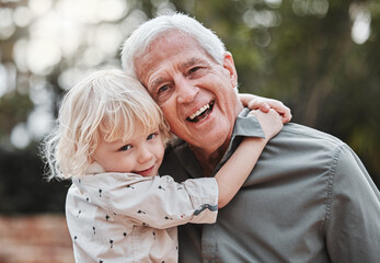 Hug, park and portrait of grandpa with child for bonding, relationship and relaxing together outdoors. Family, happy and grandparent embrace kid in nature for affection, laugh and love on weekend