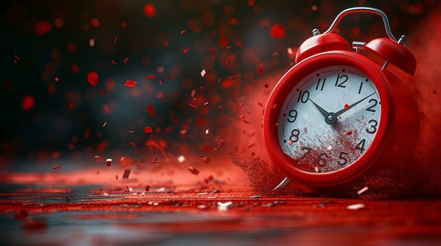 Red Alarm Clock Exploding in Dust Cloud