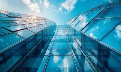 Abstract Modern Corporate Skyline: Sleek Glass-Walled Office Buildings Reflecting Blue Sky. Contemporary Urban Architecture Symbolizing Economic Growth, Financial Prosperity, and Business Innovation i