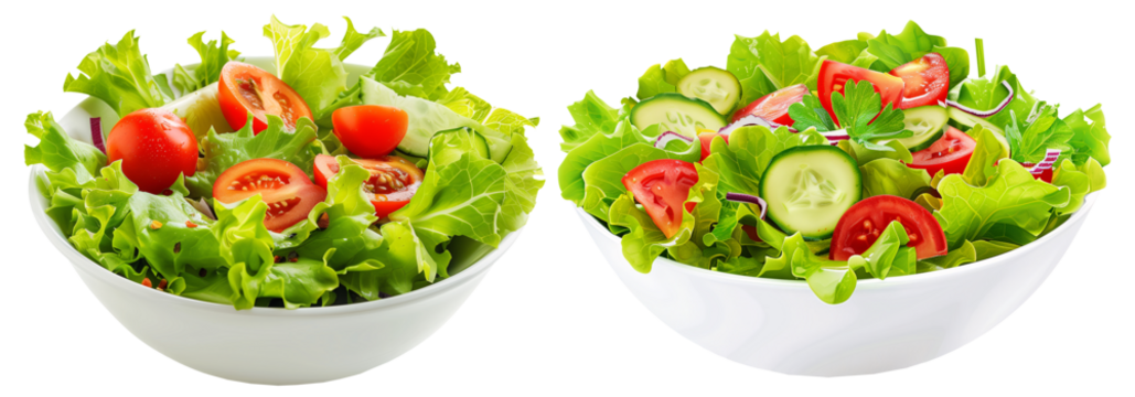 2 styles of salad volume 1. Serving in a bowl with tomatoes and cucumbers. Set of isolated food on transparent background.