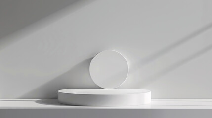 A minimalist cosmetic podium scene features a platform with a grey background, a 3D render display stand for pastel white color mock-up, and a simple cylinder grey design for showcasing beauty