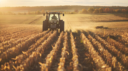 A tractor driving through a field at sunset creating a picturesque scene of agricultural work...