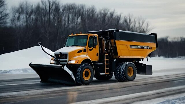 Yellow Snow Plow Truck Clearing Snow on Road in Winter