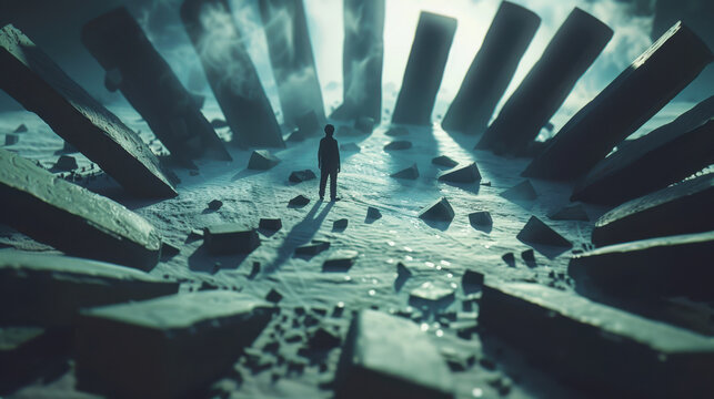 A small figure standing bewildered in the middle of a domino circle collapsing around, large dominos, dynamic fall