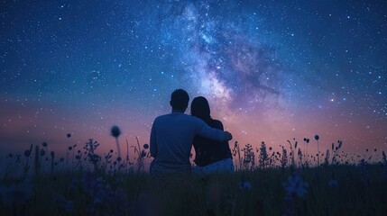Obraz premium A couple sits in a meadow, stargazing under a clear night sky filled with stars, reflecting romance and the beauty of nature