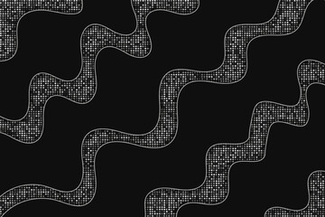 Fototapeta premium Silver and black background. Black wavy stripes with silver lines and glitter silver dots. Dark dots and waves texture.