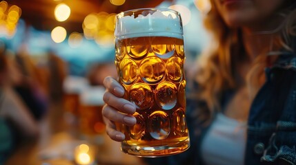 Traditional Bavarian Young Woman Enjoy Drinking Glass Of Beer In A Cozy Bar