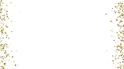 Falling shiny golden Confetti on White Background. Flying holiday tinsel. 