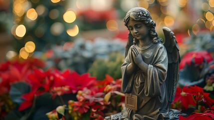 Fototapeta premium a statue of an angel surrounded by red flowers